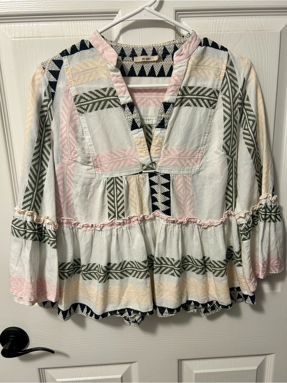 miami White Tunic Top with Pink, Green, Yellow & Black Geometric Trim